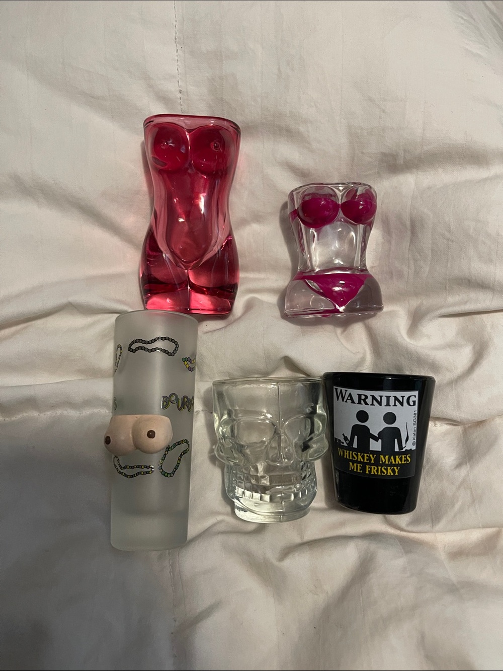 Set of 5 Novelty Shot Glasses - Pink Torso, Skull, Frosted Boob, Warning Black
